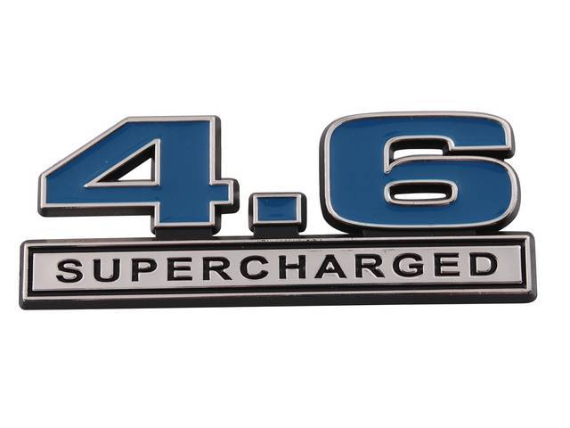 Ornament, Fender / Trunk Lid, 4.6 Supercharged, In Plastic, Black Plastic W/ Chrome And Blue Insert, 4 Inches Long