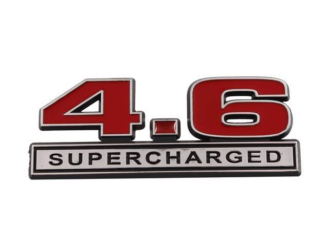 Ornament, Fender / Trunk Lid, 4.6 Supercharged, In Plastic, Black Plastic W/ Chrome And Red Insert, 4 Inches Long
