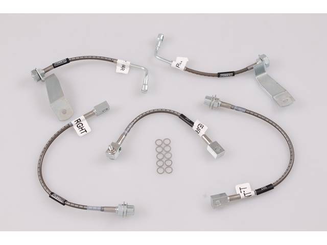 Brake Hose Set, Braided Stainless, Russell Performance, 5 Pieces, Incl Front Disc Bakes Hose, Rear Disc Brake Hose And Center Rear Brake Hose