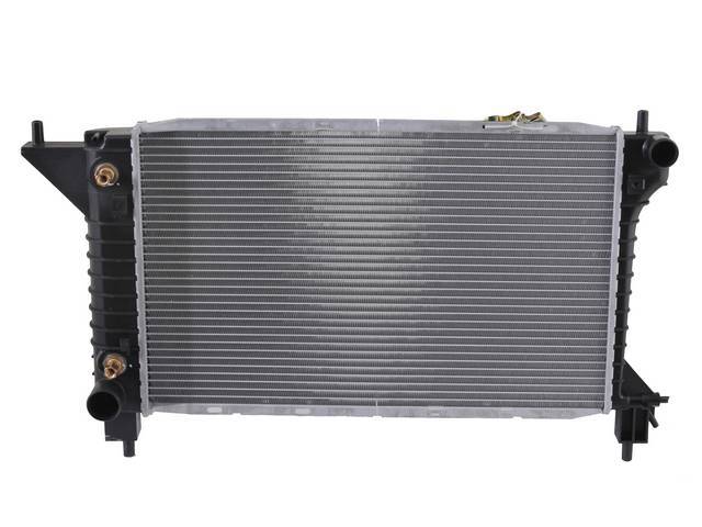 Radiator, Oe Style, Cross Flow, Plastic / Aluminum Construction, 24 Inch X 14 7/8 Inch X 1 Inch, 1 Row, Inlet 1 1/2 Inch Rh, Outlet 1 3/4 Inch Lh, W/ Trans Cooler, Repro