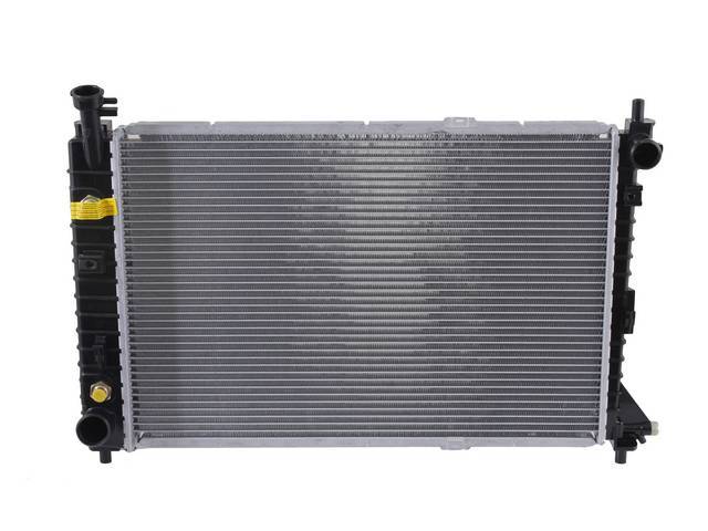 Radiator, Oe Style, Cross Flow, Plastic / Aluminum Construction, 25 Inch X 17 1/16 Inch X 1 Inch, 1 Row, Inlet 1 1/2 Inch Rh, Outlet 1 3/4 Inch Lh, W/ Trans Cooler, Repro