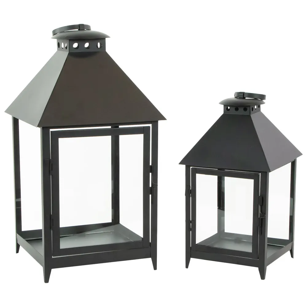 Set of 2 Black Modern Style Candle Lanterns 15.75″