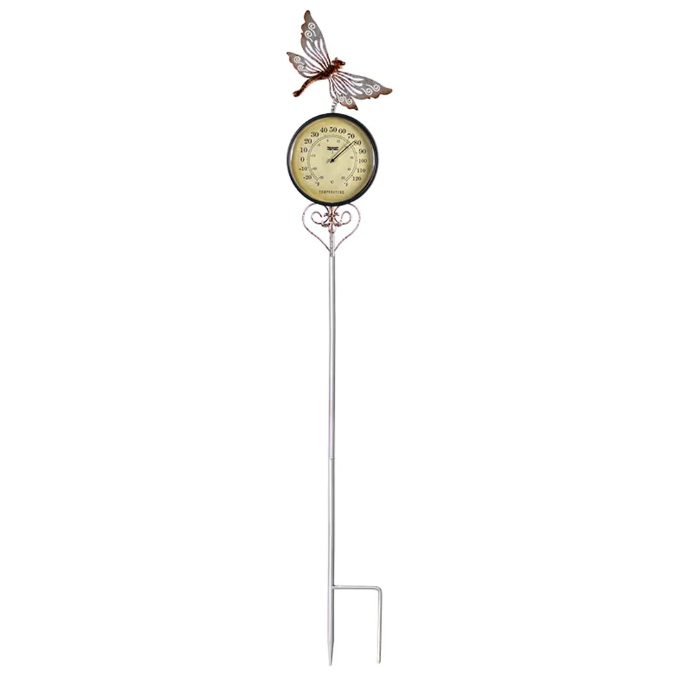Year-Round Temperature Monitoring: 41.75″ Iron Dragonfly Garden Stake Thermometer