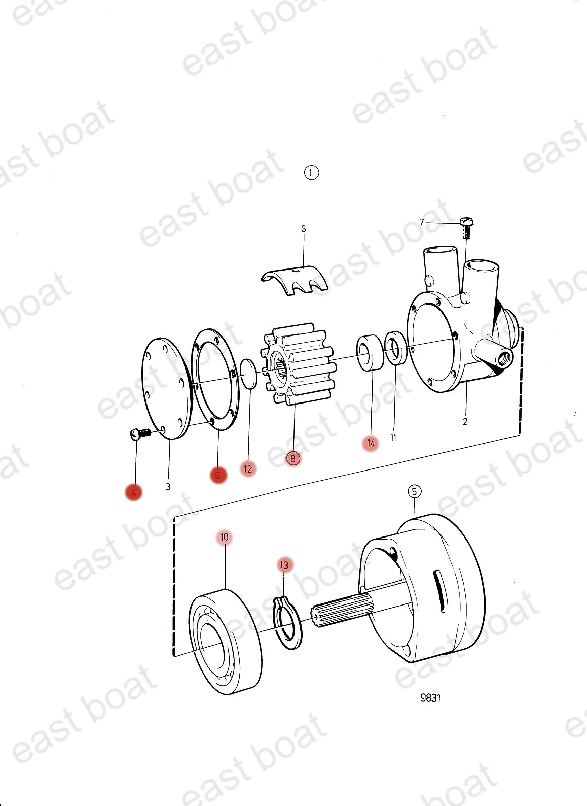 Crank Driven Sea Water Pump Repair Kit for Volvo Penta MS3B MS3C MS4A MS4B (–)