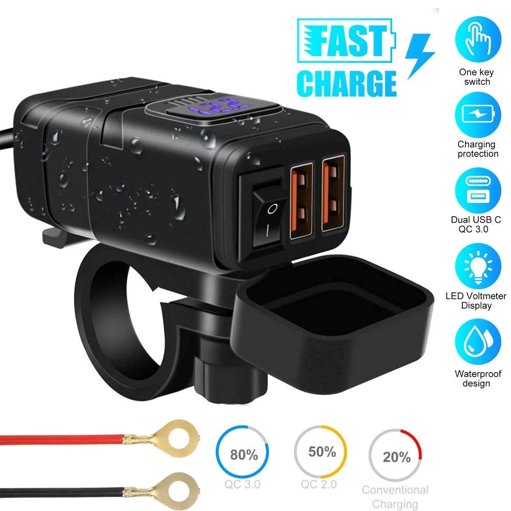 12V Dual USB Fast Charger Adapter with Voltmeter for Motorcycle (Universal)