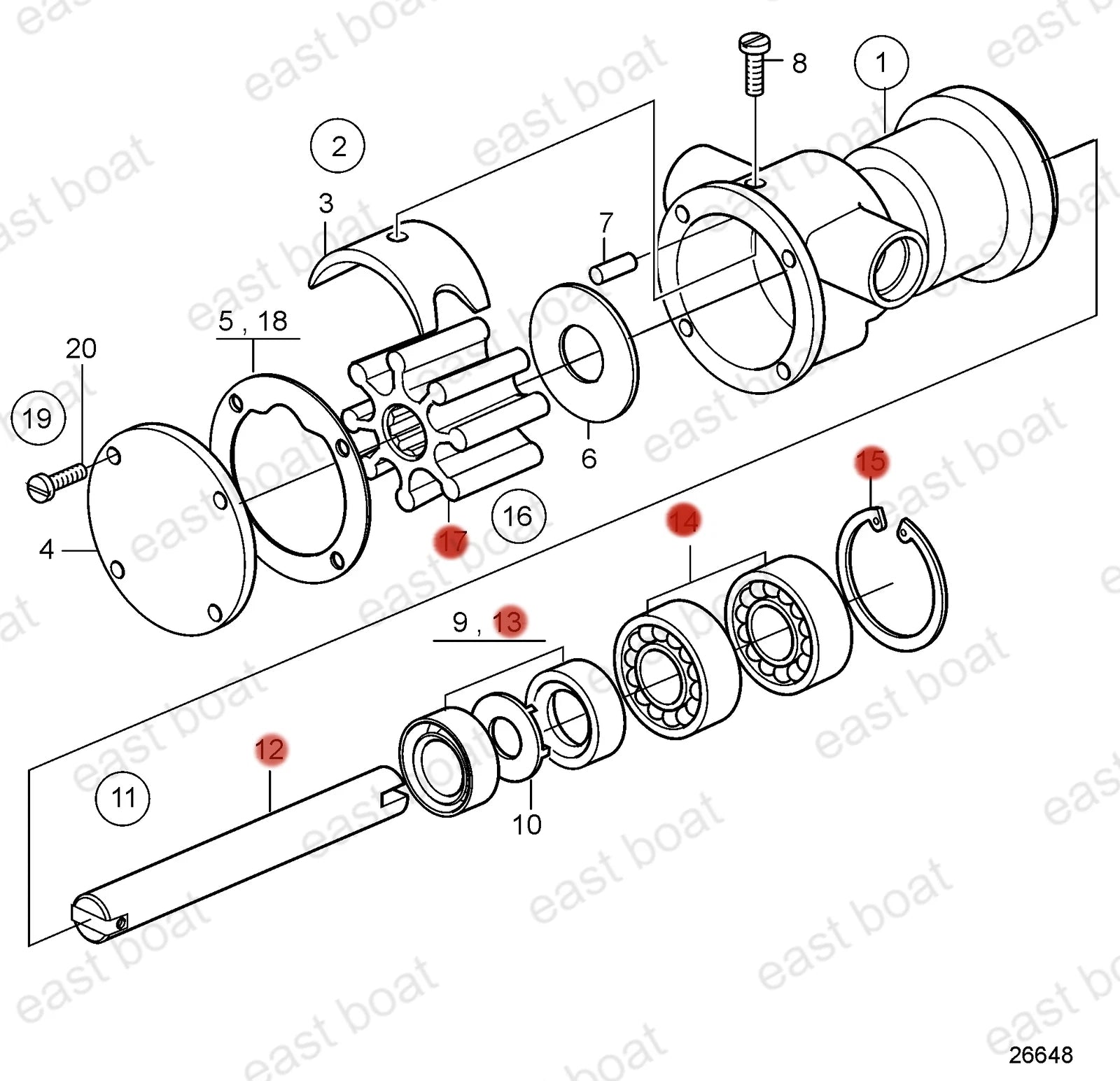 Water Pump Shaft Kit for Volvo Penta MB10A MD11 MD11C MD11D (21951422)