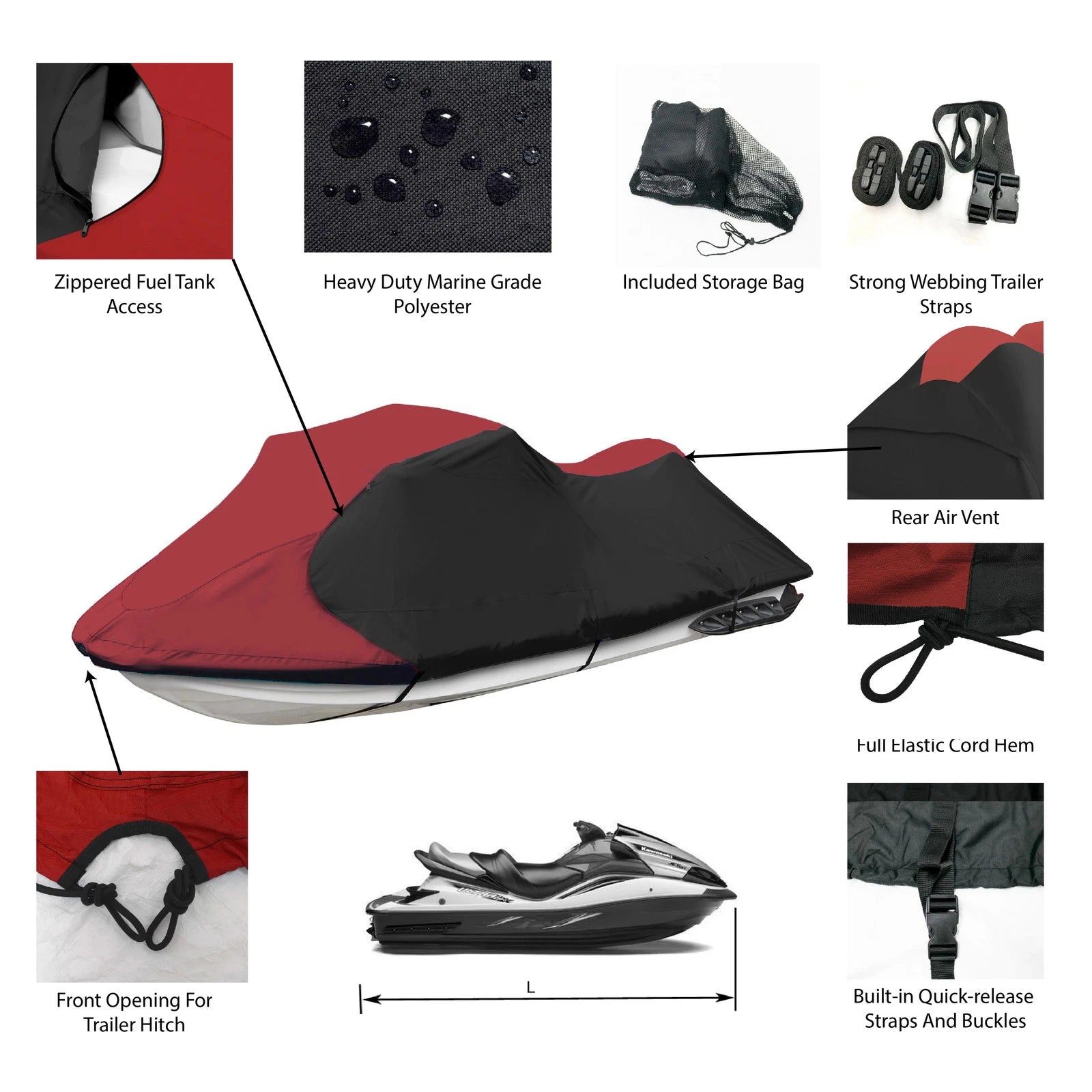 PWC Cover for Yamaha Jet Ski Wave Runner 500 (1987–1993) Maroon/Black