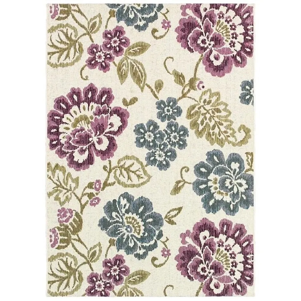 5.25′ x 7.5′ Ivory and Purple Floral Rectangular Outdoor Area Trow Rug