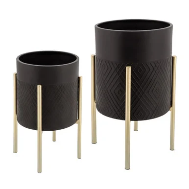 Set of 2 Black and Gold Diamond Textured Standing Planters 23″