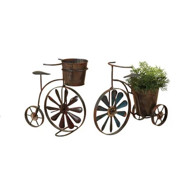 Set of 2 Brown Antique Styled Tricycle Planters with Wind Spinner Spokes 15″