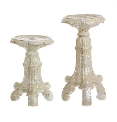 Set of 2 Creme Distressed Victorian Frosted Glitter Pillar Candle Holders 10″