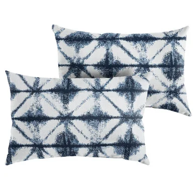 Set of 2 Indigo Blue and White Geometric Sunbrella Indoor and Outdoor Lumbar Pillows, 20″