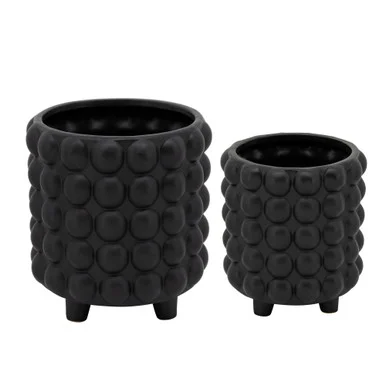 Set of 2 Matte Black Bubble Footed Ceramic Planters 8″