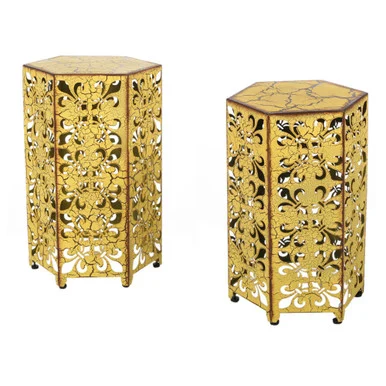 Set of 2 Yellow and Brown Antique Outdoor Patio Accent Tables – Perfect Addition to Your Outdoor Furniture Collection!