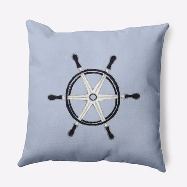 Ship Wheel Outdoor Throw Pillow – 20″ – Blue and White