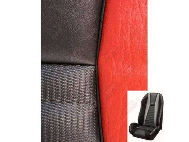 Front Bucket & Rear Bench Full Upholstery Set, Sport Seat R, Mach 1, Charcoal Black and Charcoal Black UniSuede, Red Stripe, Black Stitching