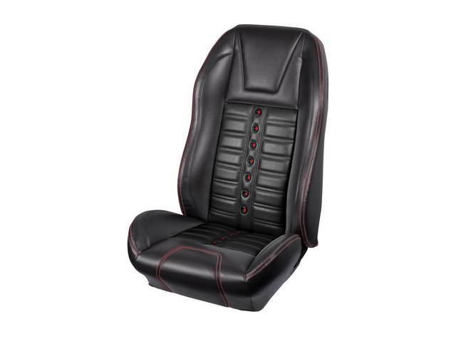 Front Bucket & Rear Bench Full Upholstery Set, Sport Seat X, Matte Black Vinyl and Trim, Red Stitching, Black Grommets