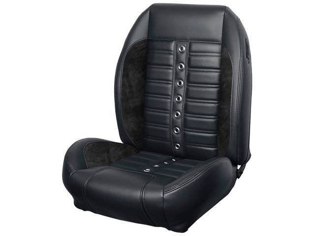 Front Bucket & Rear Bench Full Upholstery Set, Sport Seat XR, Matte Black Vinyl and Charcoal Black UniSuede Inserts, Black Stitching, Stainless Steel Grommets