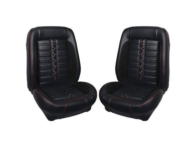 Front Bucket & Rear Bench Full Upholstery Set, Sport Seat XR, Matte Black Vinyl and Charcoal Black UniSuede Inserts, Red Stitching, Black Grommets