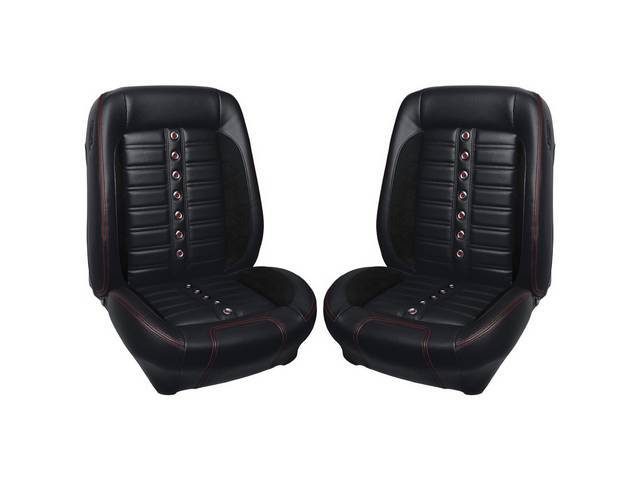 Front Bucket & Rear Bench Full Upholstery Set, Sport Seat XR, Matte Black Vinyl and Charcoal Black UniSuede Inserts, Red Stitching, Stainless Steel Grommets