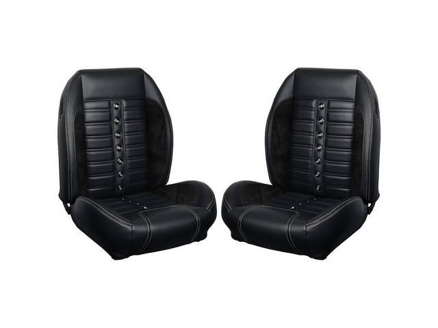 Front Bucket & Rear Bench Full Upholstery Set, Sport Seat XR, Matte Black Vinyl and Charcoal Black UniSuede Inserts, White Stitching, Black Grommets