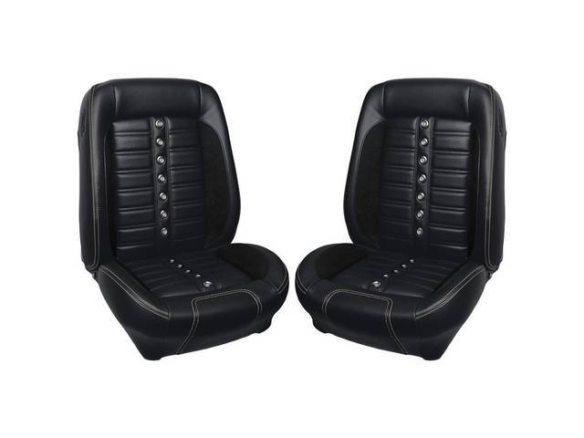 Front Bucket & Rear Bench Full Upholstery Set, Sport Seat XR, Matte Black Vinyl and Charcoal Black UniSuede Inserts, White Stitching, Stainless Steel Grommets