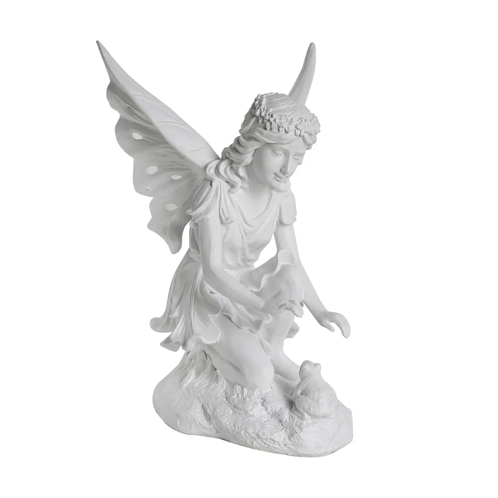 14.5″ White Kneeling Fairy with Frog Outdoor Garden Statue